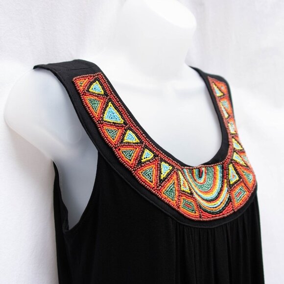 Mishca Beaded Maxi Dress S-M TALL Black Tribal Southwestern Boho Resort Cruise - Picture 4 of 6